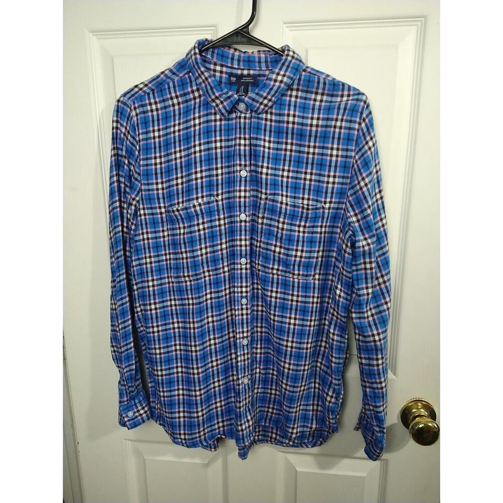 Gap Woman M Shirt Plaid Boyfriend Fit Blue Casual Collared Button Flannel